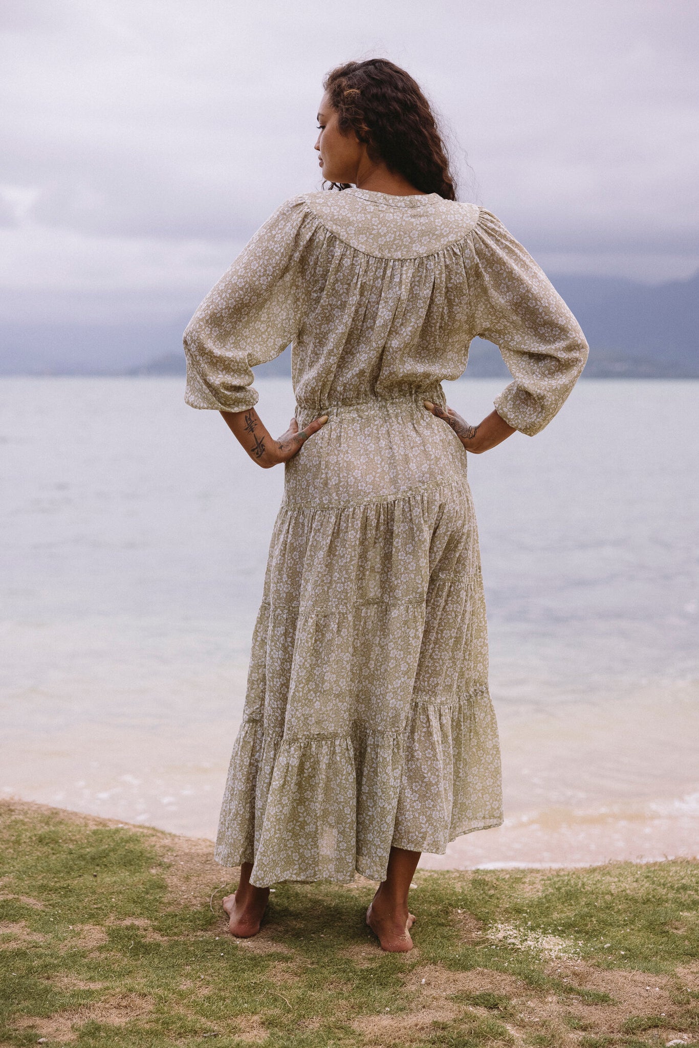 the Mathilda dress in island floral khaki