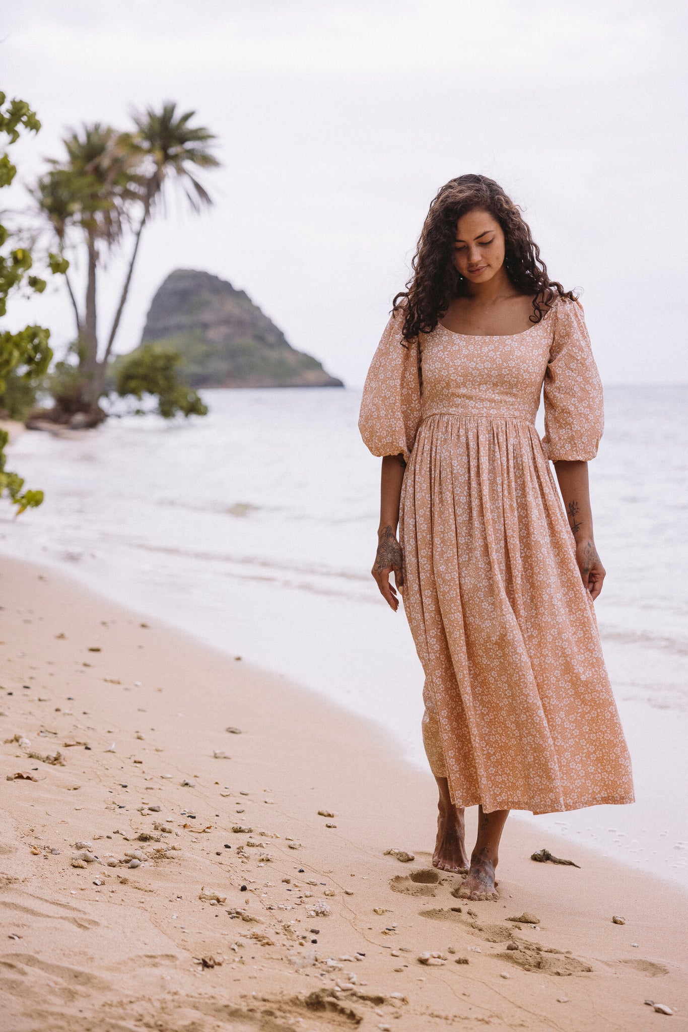 the bellflower dress in island floral clay