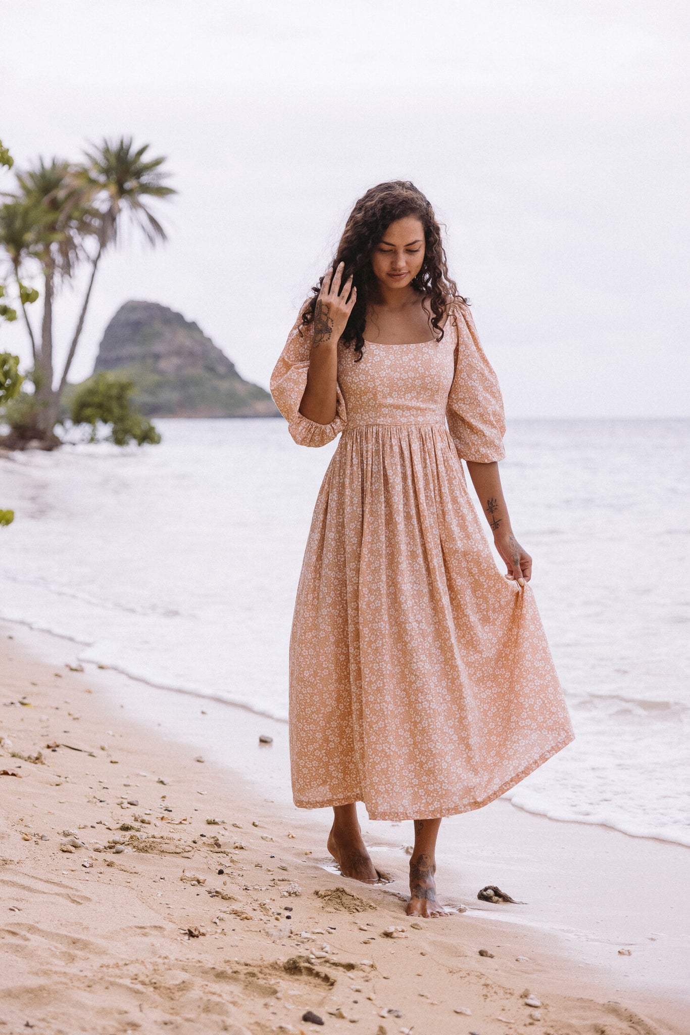 the bellflower dress in island floral clay