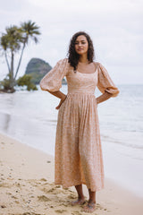 the bellflower dress in island floral clay