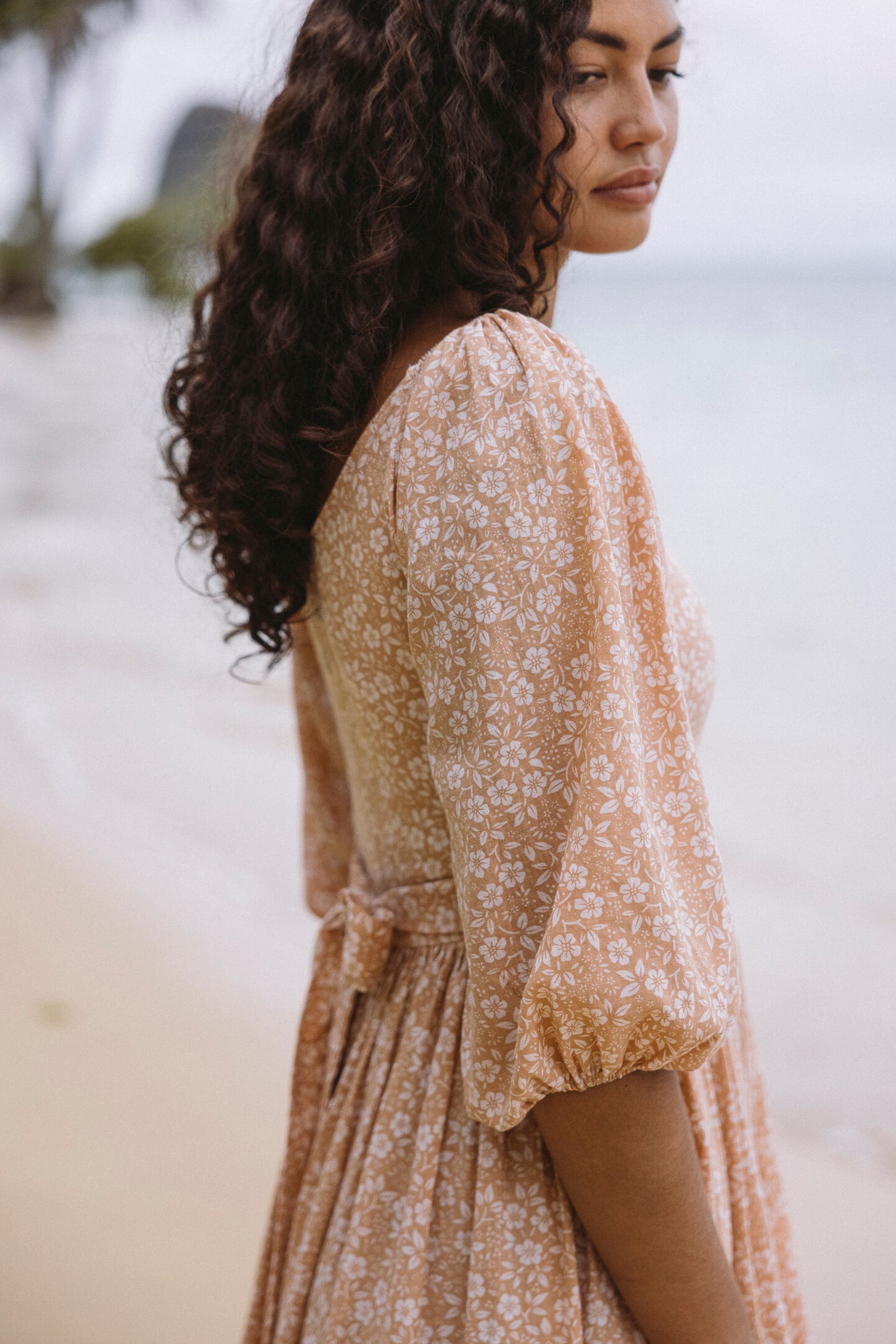 the bellflower dress in island floral clay
