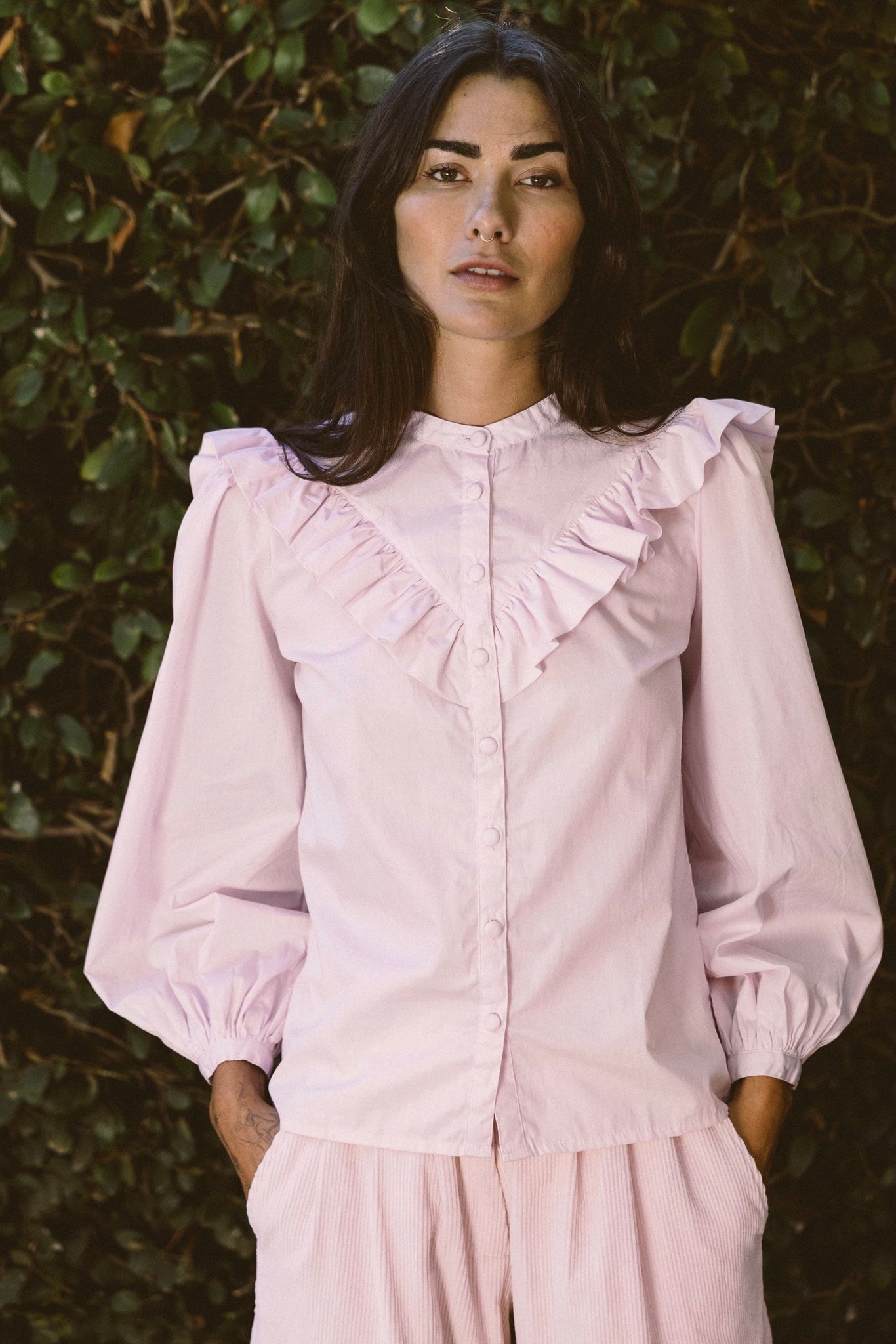 the organic Hattie blouse in lilac
