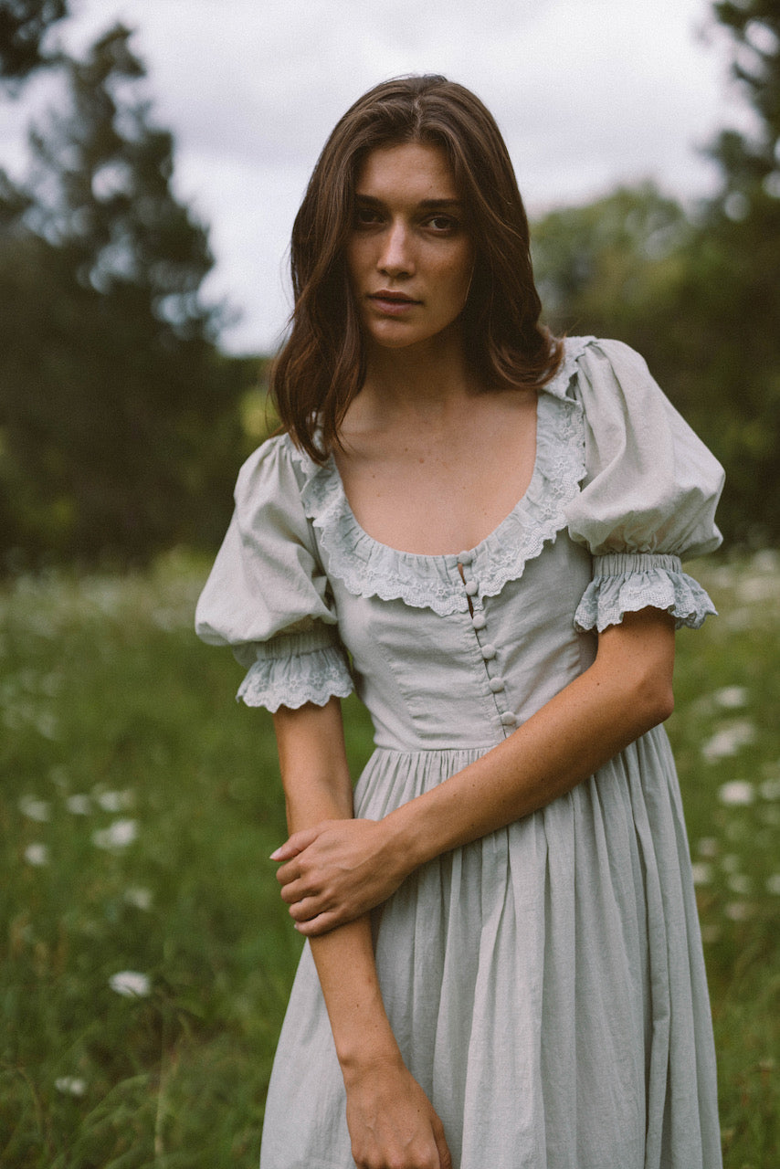 THE AUDREY DRESS WITH SHORT SLEEVES IN SEAFOAM - PRE ORDER