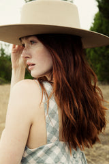 the addy dress in chambray gingham
